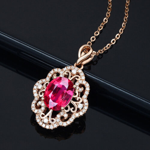 New Classical Flower Design Oval Blood Red Garnet Gems Rose Gold Women Pendant - Picture 1 of 6