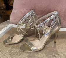 NEW Nina Collina Dangle Rhinestone Heeled Sandals Heels Gold Size 8M 38 NWOB