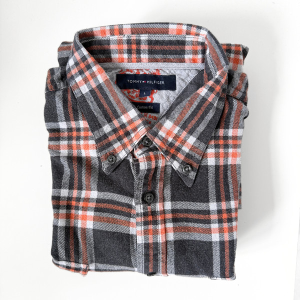 Tommy Hilfiger kariertes orange & graues Langarmhemd aus 100% Baumwolle - Größe L