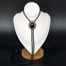 Black Onyx Stone Bolo Tie Western Vintage Alloy PU Rope Wedding Necklace