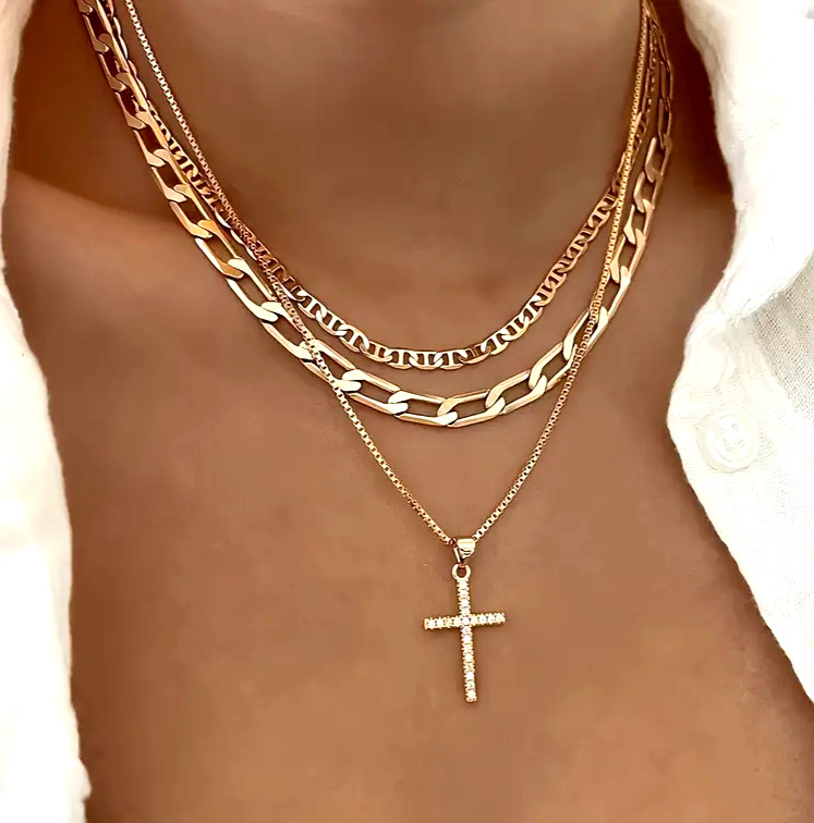 Collar de cadena apilable dorada colgante forma de cruz, joyería ajustable