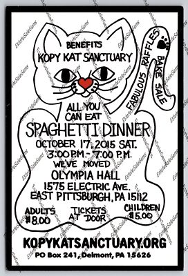 Postcard Spaghetti Dinner Benefits Kopy Kat cat Sanctuary Delmont Pennsylvania