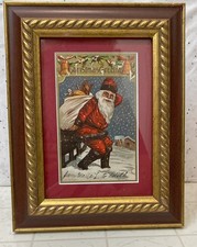 Antique Santa Claus postcard,190?, snowy scene, red suit, black fur, framed