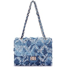 MKP Women Small Shoulder Bags Quilted Crossbody Distressed Jean Denim Blue