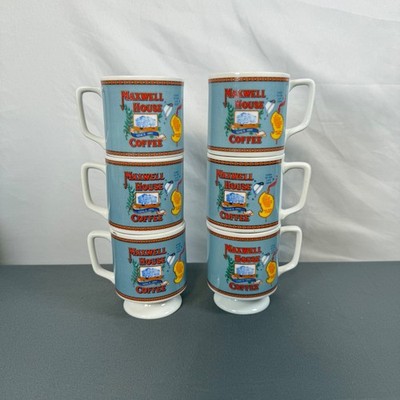 Maxwell House Coffee Mugs Set of 6 Vintage Pedestal Blue 1980s Collectible