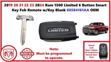 2019-2024 Ram 1500 Limited 6 Button Smart Key Fob Remote w/Key Blank 68584161AA