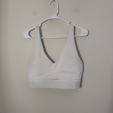 Fabletics Women s White Seamless Sports Bra Vneck Plunge Adjustable Measure M V7