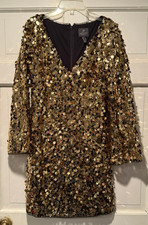 Adrianna Papell Gold Sequin Party Dress Sz 4 Cocktail Evening Long Sleeve