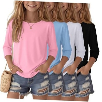 4 Pack Girls 3/4 Sleeve T Shirts Kids 11-12 Years Pink, Blue, White, Black