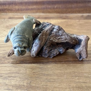 Hand Carved Wood Manatee Figurine on Wood Base 4.75” unique 
