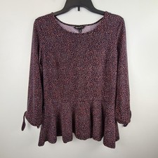 Banana Republic Women Small Navy Blue Red Speckled Peplum Top Tie Sleeve Blouse