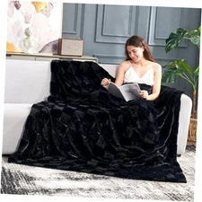  Checkered Large Faux Rabbit Fur Twin Bed Blanket, Soft Twin(60" x 80") Black