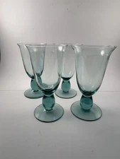 Set Of 3 Thick Green & Clear Hand-Blown Iced Tea Water Goblets Glasses 7 1/4”