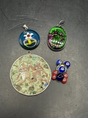 VTG Lot of 4 Pendants Sterling Silver Hand Blown Art Glass Various Sizes & Shape