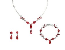 Red Rhinestone Crystal Floral Necklace Bracelet Earrings Set - Red