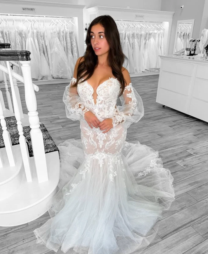 Sexy Vestidos de Novia de Sirena con Mangas Desmontables Barrido Trenes Vestidos de Novia Foto 3 de 4