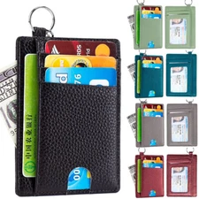 Women Men Slim Leather Wallet ID Credit Card Holder Front Pocket with Keychain