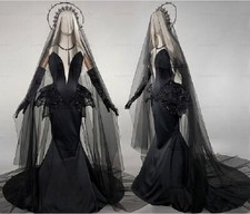 Black Gothic Mermaid Pagan Wedding Dresses Beaded Lace-up Corset Bridal Gowns