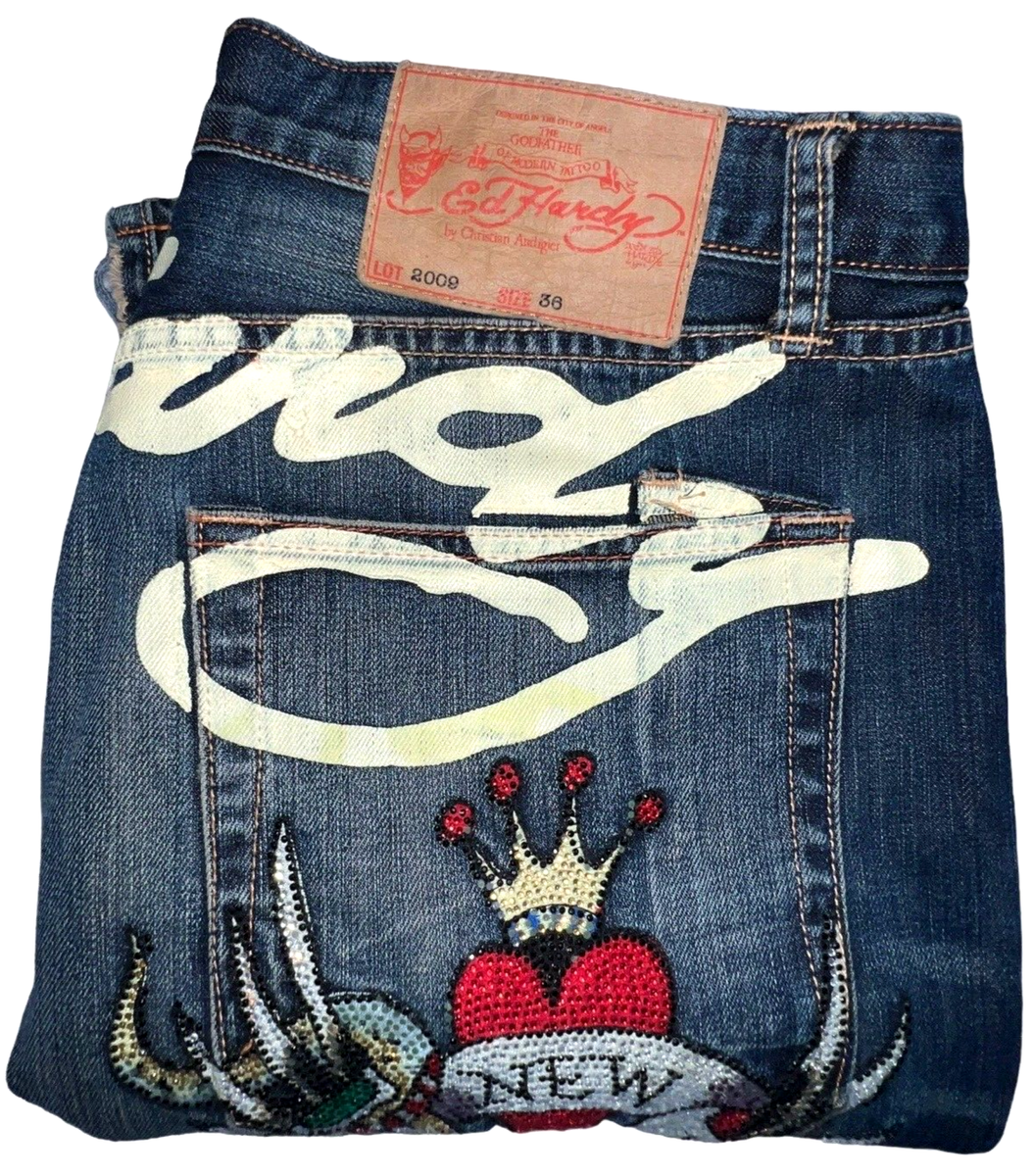 Ed Hardy Mens 36x33 Signature Jeans NYC Embroidered Embellished