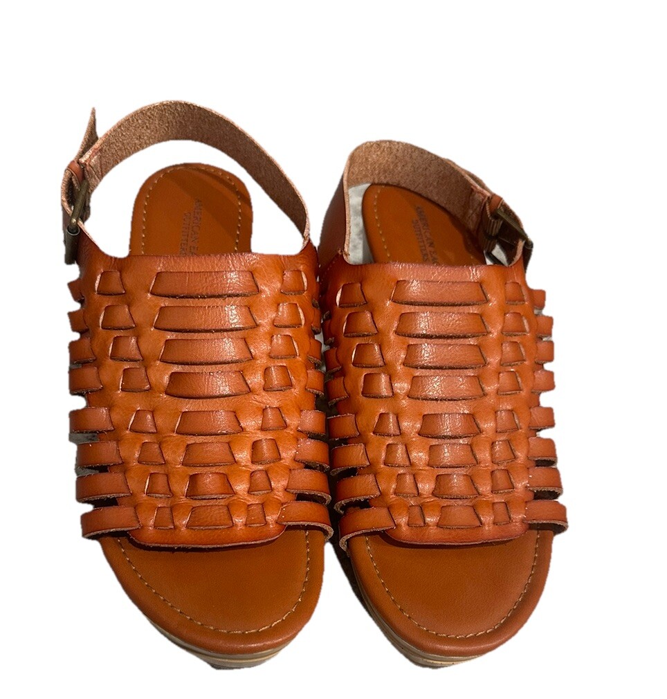 American Eagle Wedge Sandals 7 Women’s Brown Leather Platform Ankle Strap