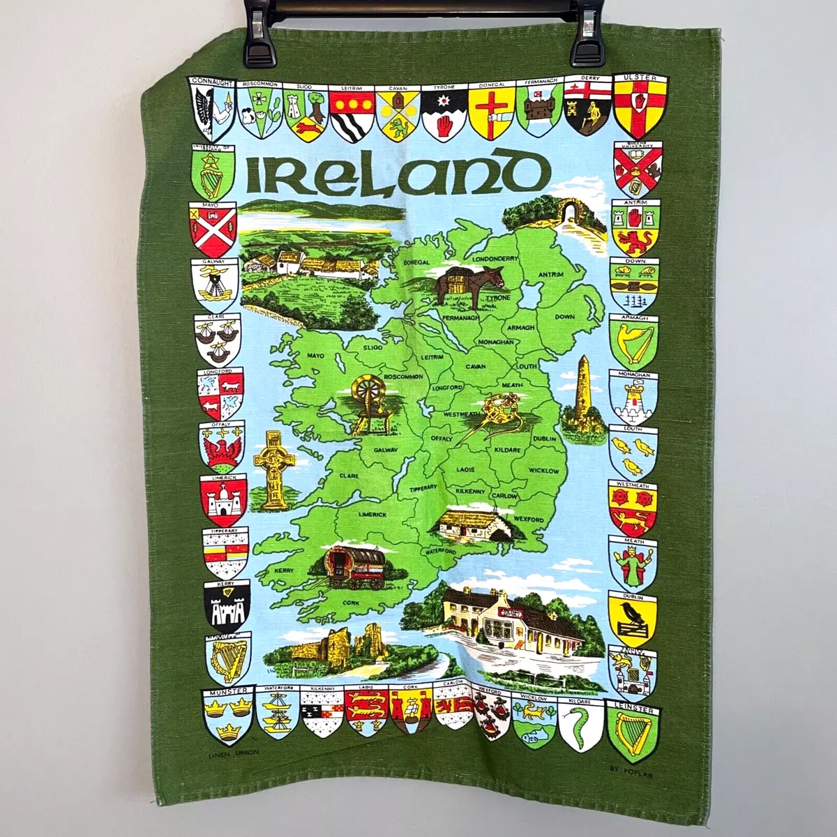 EUC Vintage Irish Tea Towel Ireland Counties Crests Linen Blend