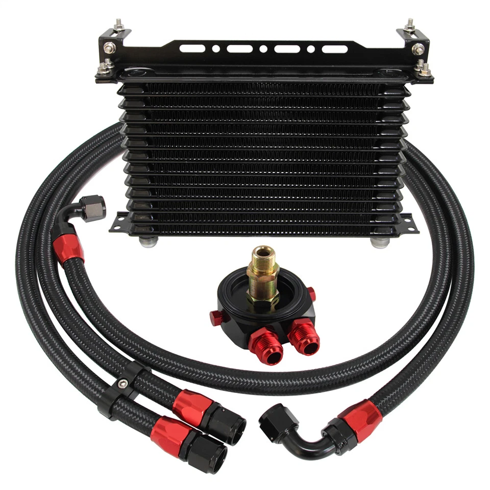 Universal AN10 13 Row Oil Cooler Kit W/ Bracket+Oil Filter Adapter Hose line Kit - Image 2 of 4