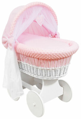 White Wicker Wheels Crib/baby Moses Basket Complete Bedding Pink - Main Image