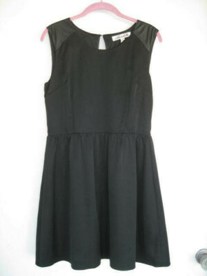 Annabella black dress-M Medium-faux leather trim-open back-skater-EUC LBD |  eBay