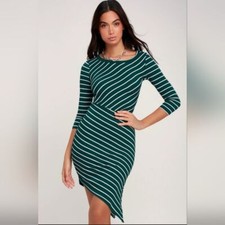 Lulu's Stripe It Rich Forest Green Striped Asymmetrical Bodycon Dress Green S