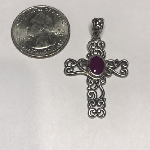 Vintage 925 Sterling Silver Ruby Cross Pendant Ma… - image 1