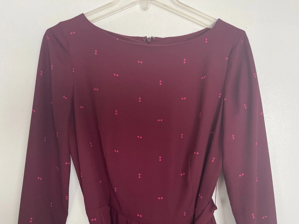 Ann Taylor Burgundy Red Square Dot Pleated Long Sleeve A-Line Midi Dress Size 4 - Image 4 of 4