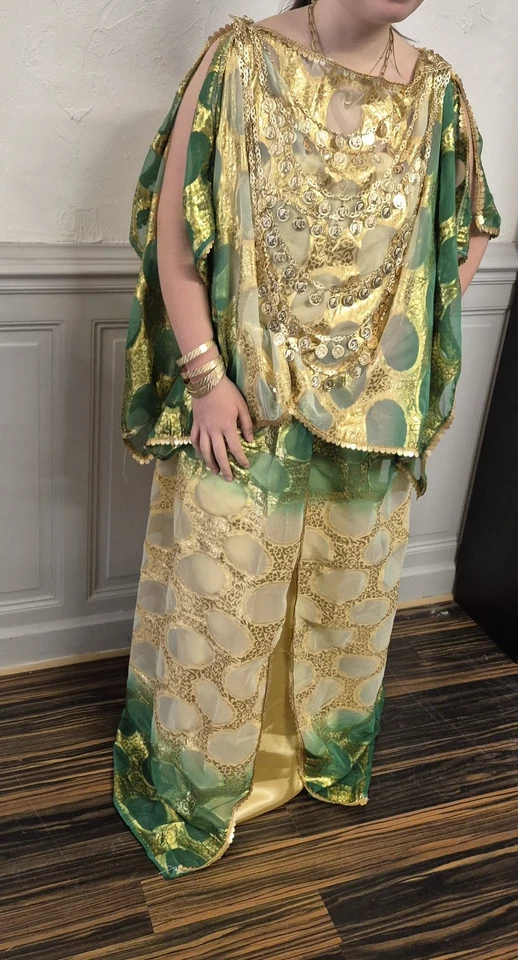 Tenue traditionnelle chaoui algérienne melhfa berbère verte et or galons sequins - Photo 3/4