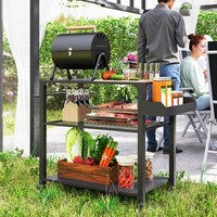 Outsunny Grillwagen 3-Etagen Servierwagen Mit ArbeitsfläChe Ablagen RäDer, Bbq