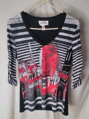 Joseph Ribkoff Graphic Top Womens Med Black Red Paris Cafe Print 3/4 Sleeve