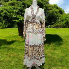 Womens Floral Leopard Print Maxi Dress With Ruffled Details Long Sleeves