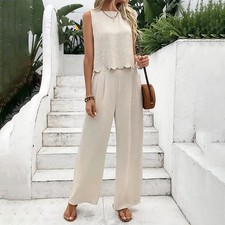 Women's Elegant 2-Piece Matching Set, Sleeveless Crop Top And Wide Leg Pants Out