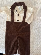 Vintage 70s Boys Brown Corduroy Suspender Pants  Cream Shirt 2 Piece Outfit