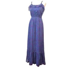 Express Purple Paisley Metallic Gold Stripe Ruffle Maxi Dress Boho Cottage Fairy