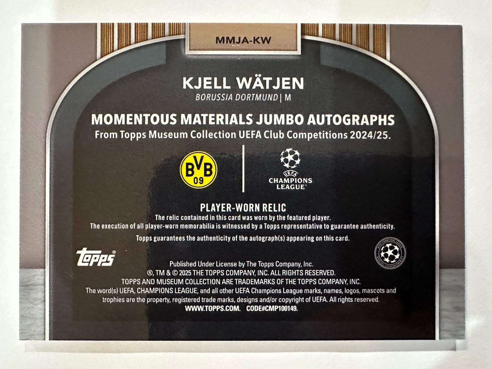 2024-25 Topps Museum UEFA KJELL WATJEN ROOKIE PATCH AUTO EMERALD 1/1 Borussia 🔥 view 2