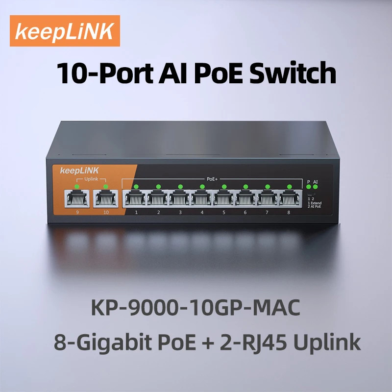 KeepLiNK 10-Port Gigabit Switch 8-PoE+ 2-Uplink Unmanaged Plug & Play Network