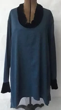 KLEEN Women XL Dark Blue Tunic Long Bell Sleeve Trimmed in Black Velvet NWT