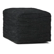 Fredrik Boho Square Pouf in Black Woven Genuine Leather for the Living Room, ...