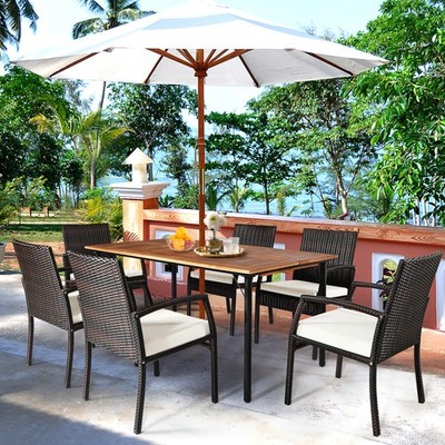 7PCS Patio Dining Furniture Set w/ Wooden Tabletop Cushion Umbrella Hole