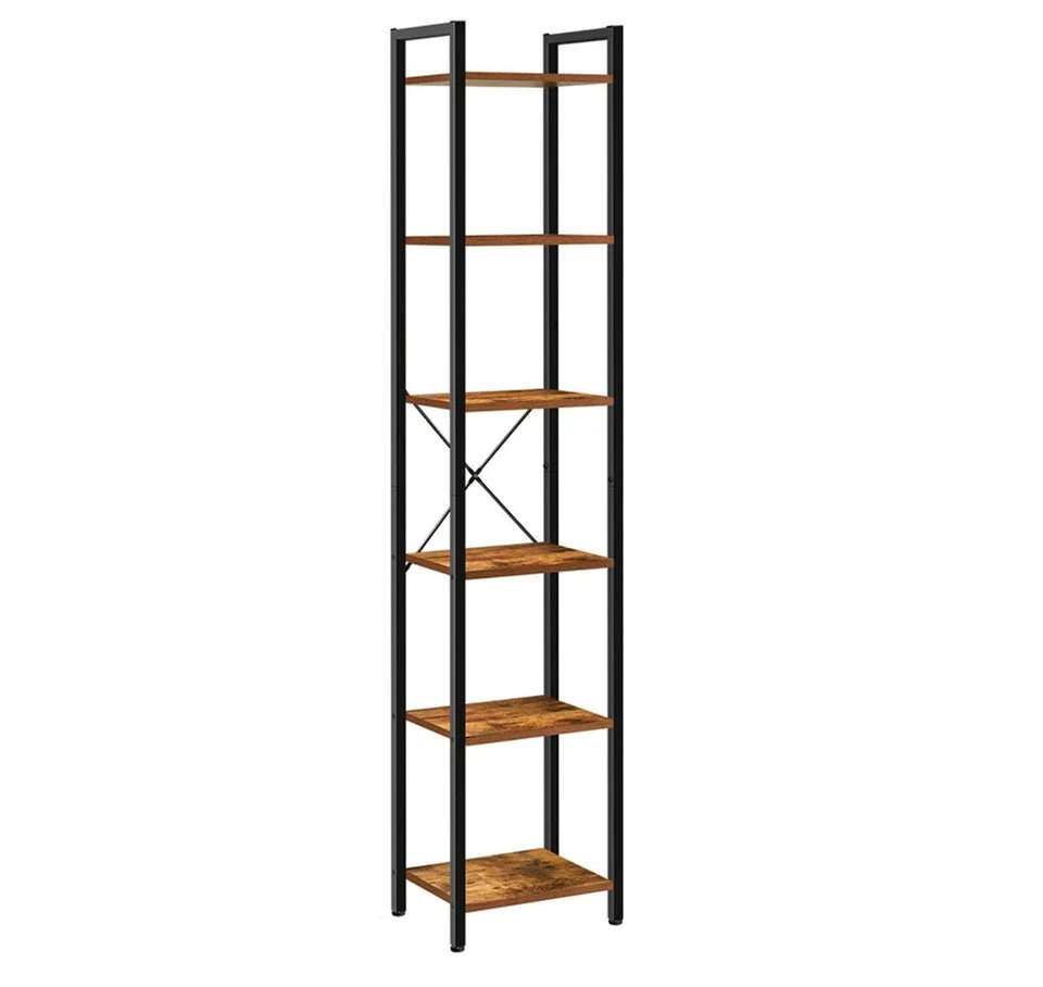 Narrow Wooden Shelf 6 Tier Rustic Rack Display Unit Metal Frame Storage Bookcase - Image 3 of 4