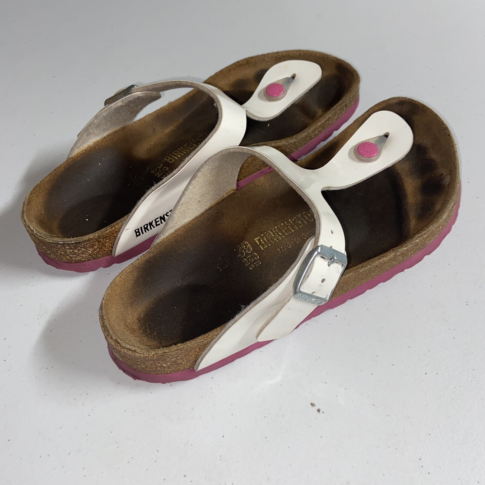 Birkenstocks White Pink T Strap Slip On Thong Sandal… Gem