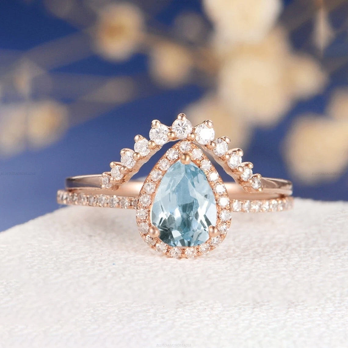 Sposa Set Massiccio Anello di Fidanzamento 14k Oro Acquamarina