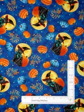 Halloween Black Cat Fabric Moon Pumpkin Blue Abra-Cat-Dabra Cotton QT By Yard