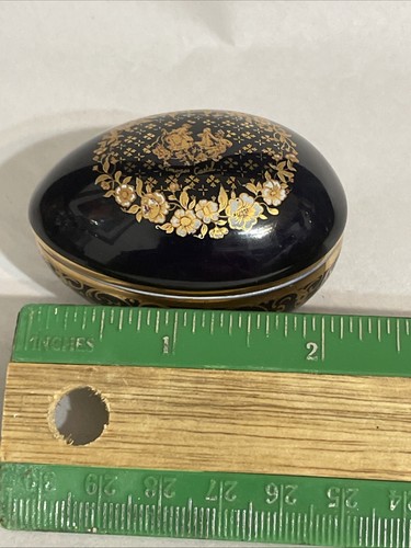 Limoges Castel Frankreich schwarz & 22KT Gold Ei Schmuckschatulle Fragonard Hof Paar - Bild 11 von 12