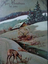 Christmas Antique Postcard Early 1900s Rare House Trees Snow Deer Creek 