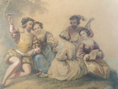 Sehr Schön Gemälde Aquarell Bleistift Auf Papier XIX -szene Festlich Wein- Musik